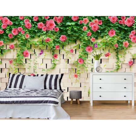 Фотообои Кирпичная стена и розы для спальни