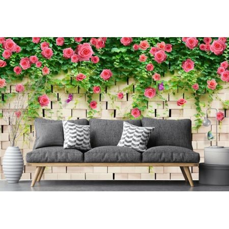 Фотообои Кирпичная стена и розы в зале