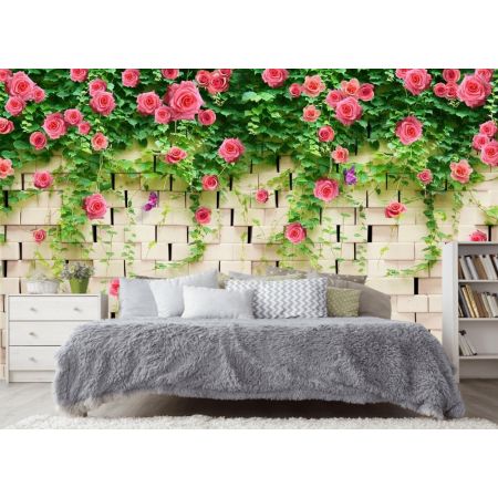 Фотообои Кирпичная стена и розы в спальне