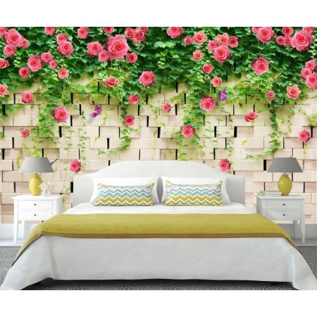 Фотообои Кирпичная стена и розы в интерьере