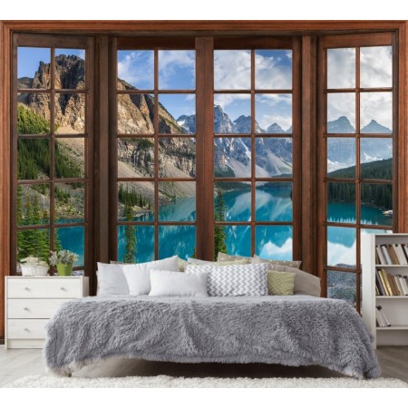 Фотообои Терраса с видом на горное озеро в спальне